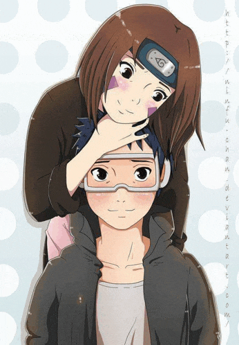 a drawing of a girl putting her hand on a boy 's neck with the website https://narutochan.deviantart.com