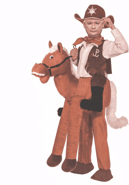 a man dressed as a cowboy rides a stuffed horse