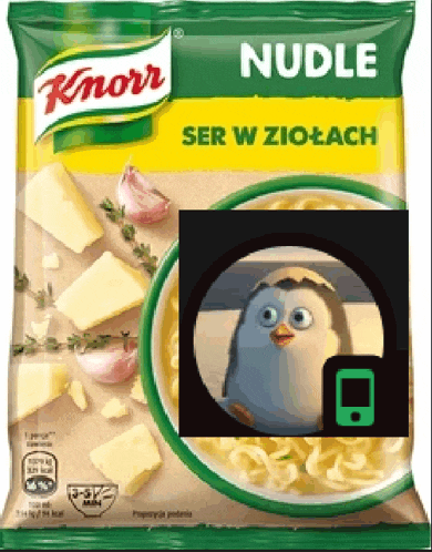 a bag of knorr nudle soup with a picture of a penguin on it .