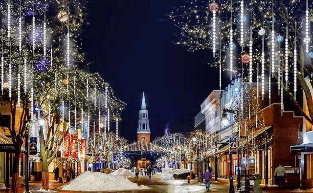 a city street with christmas lights hanging from trees