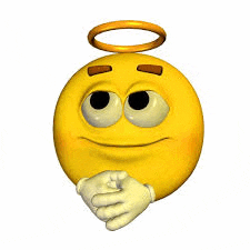 a yellow smiley face with a halo on its head and hands folded .