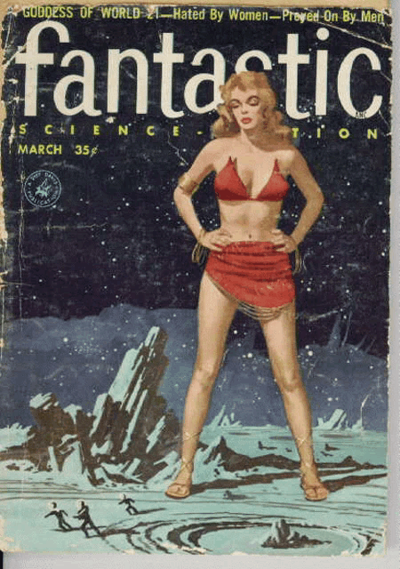 the cover of fantastic science fiction magazine features a woman in a bikini