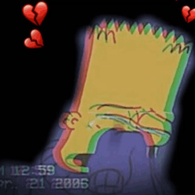 a cartoon of bart simpson crying with a broken heart behind him