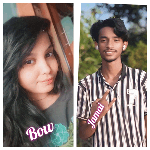 a girl with bow written on her shirt next to a boy with jamai written on his hand