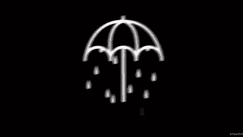 a white umbrella with rain drops coming out of it on a black background