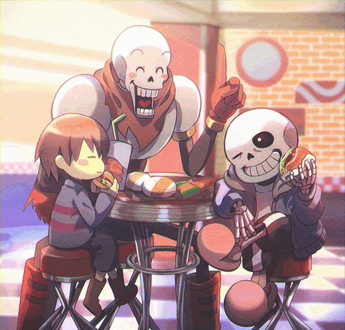 a group of skeletons are sitting around a table eating food