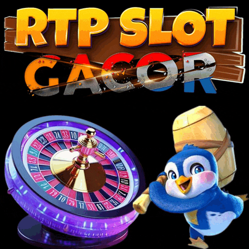 a penguin is holding a hammer in front of a roulette wheel that says rtp slot