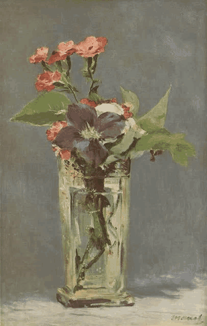 a painting of flowers in a clear glass vase with the name thomas on the bottom