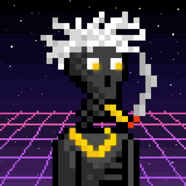 a pixel art of a sheep smoking a cigarette and wearing a gold chain