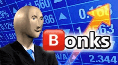 a bald man in a suit and tie is standing in front of a stock chart that says bonks