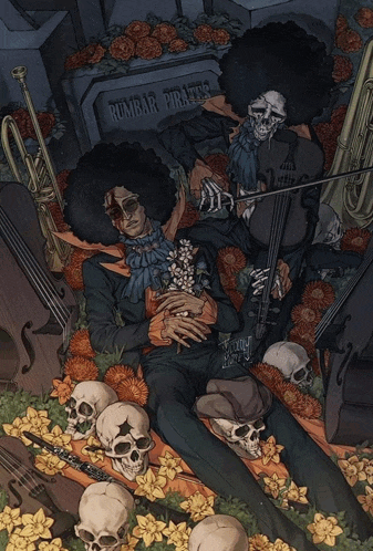 rumbar pirates laying in a cemetery with skulls and flowers