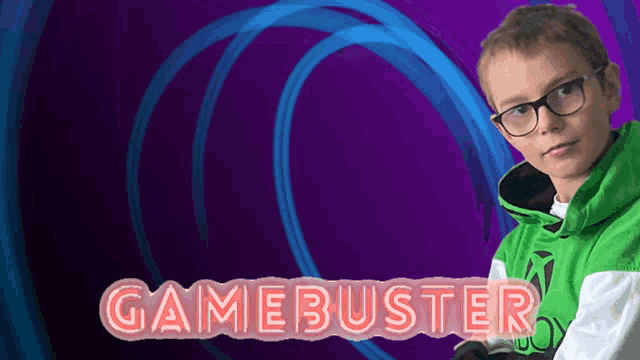 a boy wearing glasses and a green hoodie stands in front of a neon sign that reads gamebuster