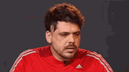 a man with a beard is wearing a red adidas t-shirt .