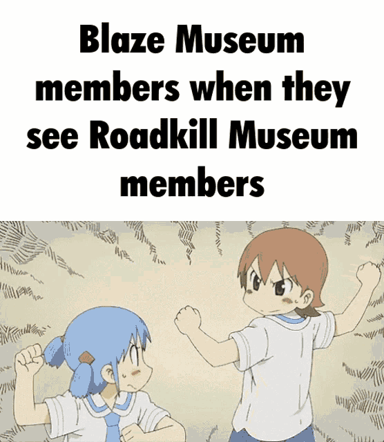 a couple of anime characters standing next to each other with the words blaze museum members when they see roadkill museum members below them