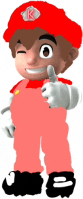 a cartoon character wearing a red hat with the letter k on it giving a thumbs up