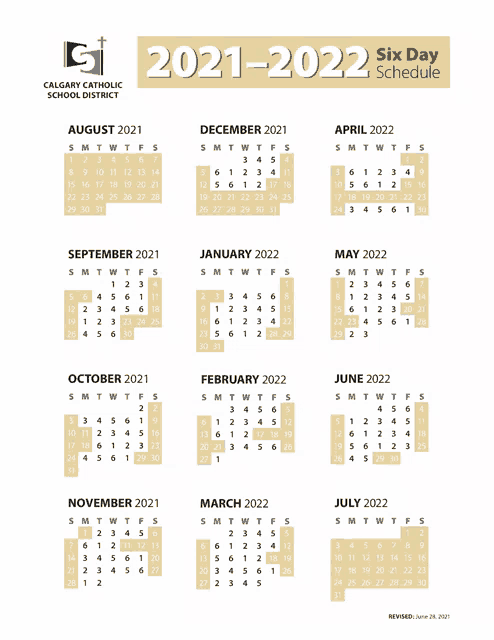 a calendar for the calgary catholic school district is shown