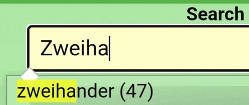 a search bar shows the word zweiha and zweihander