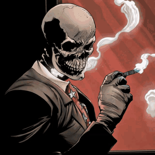 a skull in a suit smoking a cigar with smoke coming out of his mouth