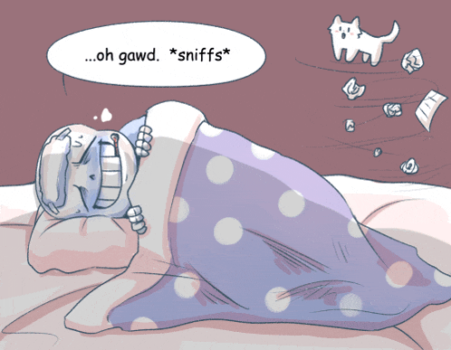 a cartoon drawing of a person laying in bed with a cat and the words oh gawd sniffs