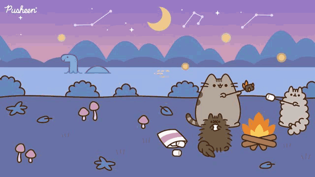 a cartoon illustration of pusheen cats roasting marshmallows by a campfire