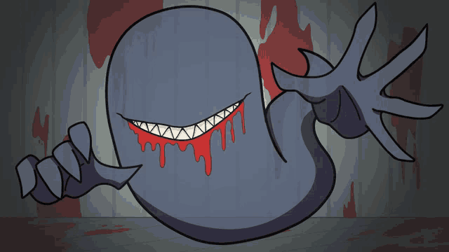 a cartoon drawing of a monster with blood coming out of its mouth