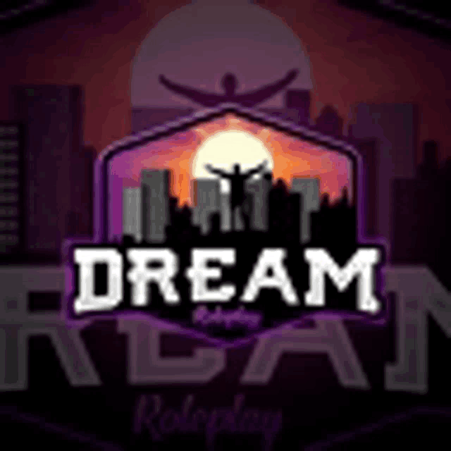 a logo for a game called dream roleplay with a city skyline in the background .