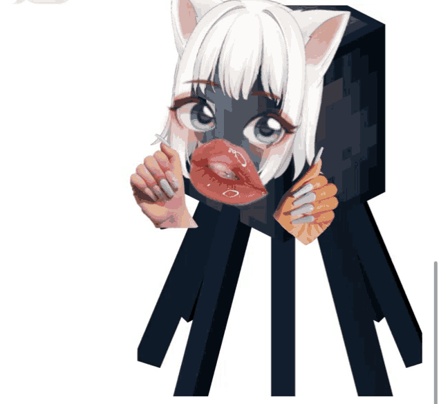 a girl with white hair and a cat ear is holding a block with her face on it