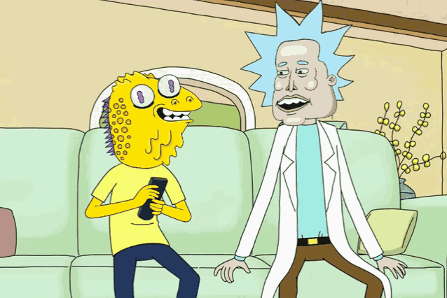 a cartoon of rick and morty talking to each other on a couch