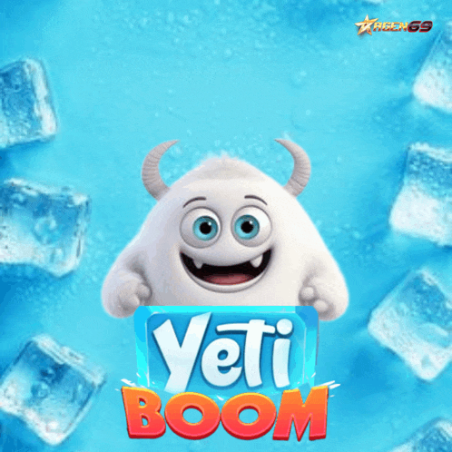 a yeti holding a sign that says yeti boom in front of ice cubes