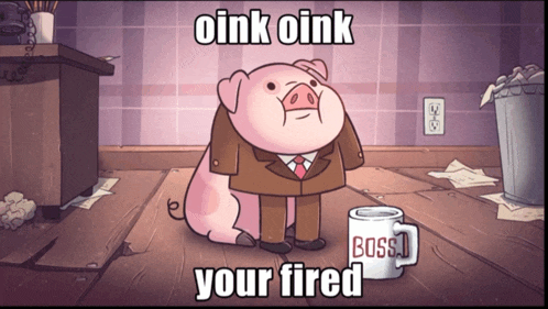 a cartoon pig is sitting next to a boss mug