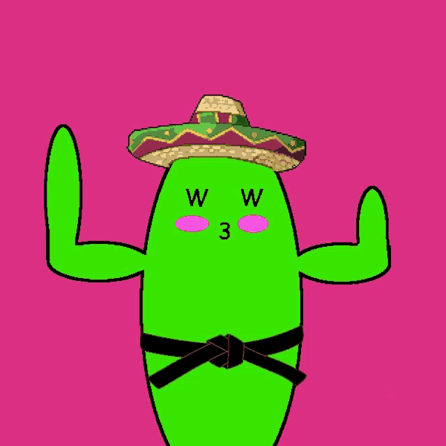 a green cactus with a sombrero and a black belt