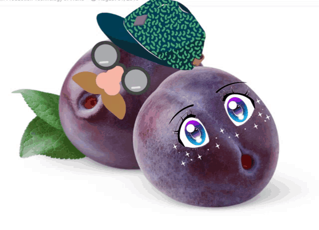 two plums with faces drawn on them wearing hats and goggles