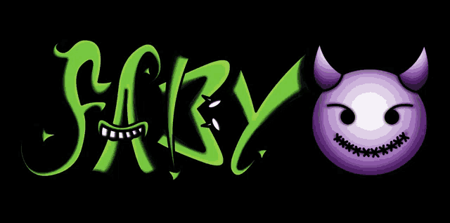 a purple smiley face with horns is next to the word jaby