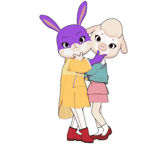 a purple rabbit and a white sheep are standing next to each other