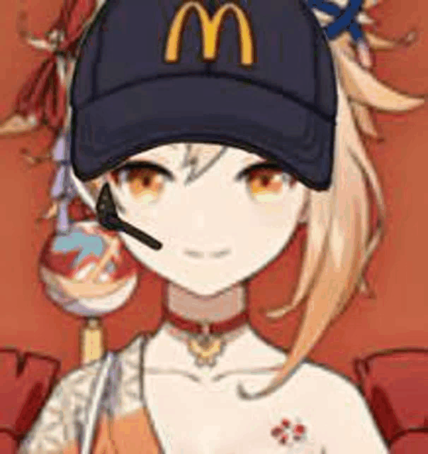 a girl wearing a mcdonald 's hat with a microphone on her head .