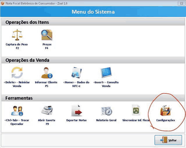 a computer screen shows a menu do sistema with a red circle around the configurations button