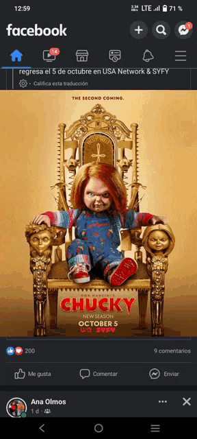 chucky is sitting on a throne in a facebook ad