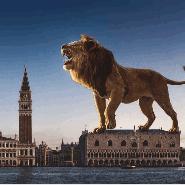 a giant lion standing on top of a building overlooking a body of water