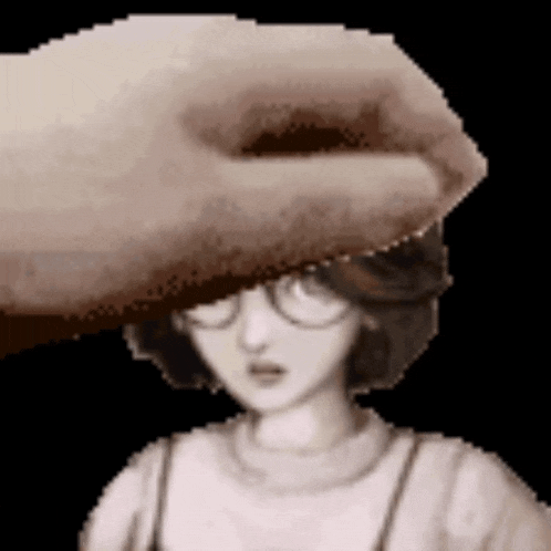 a pixel art of a woman with glasses being touched by a hand