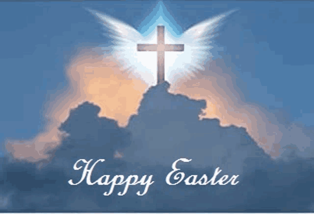 a happy easter card with a cross with wings in the clouds