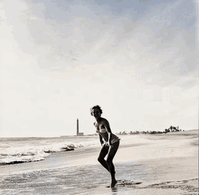 a woman in a bikini stands on a beach