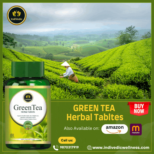 an advertisement for green tea herbal tablets with a picture of a tea plantation