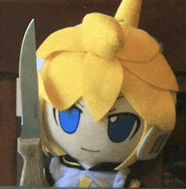 a stuffed toy with yellow hair and blue eyes holds a knife