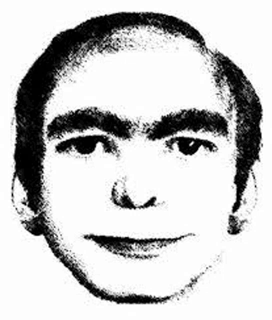 a black and white drawing of a man 's face with a bald head and eyebrows .