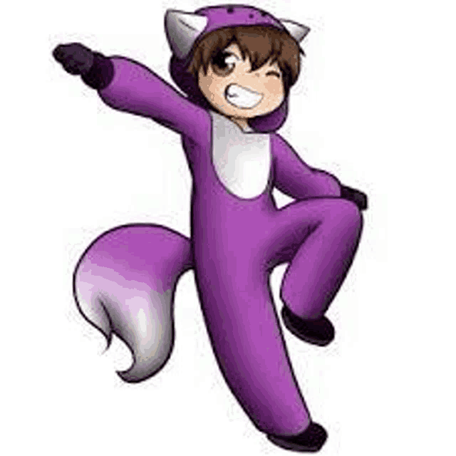 a boy is wearing a purple fox costume and flying in the air .