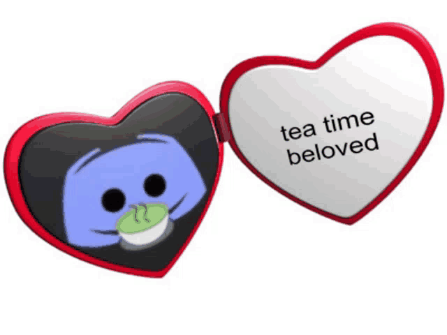 a heart shaped mirror that says tea time beloved on the inside