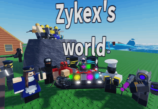 a group of zykex 's world characters standing around a table