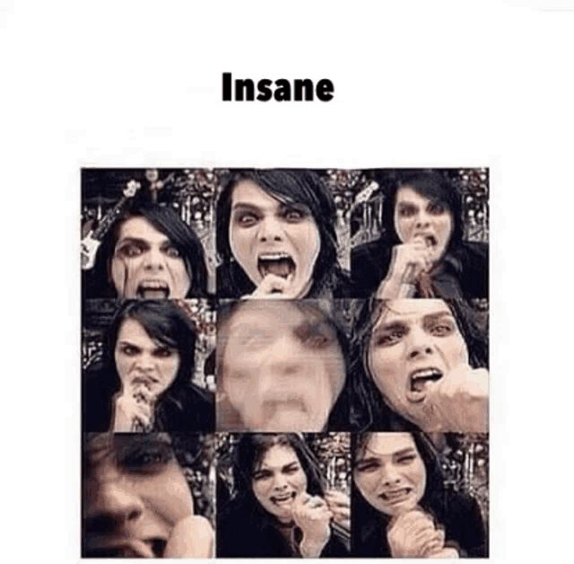 a collage of a woman 's faces with the words `` insane '' above them .