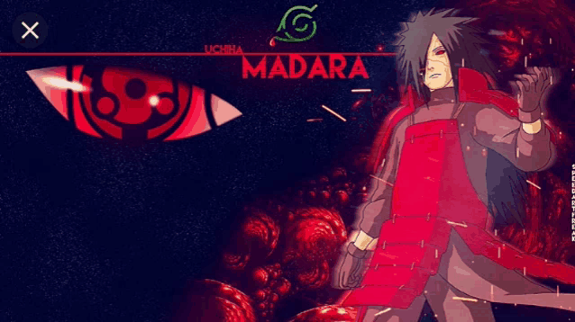 a poster of a character named madara with a red eye