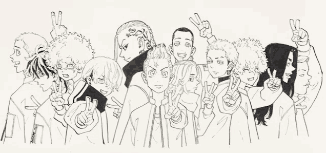 a black and white drawing of a group of anime characters standing next to each other giving peace signs .